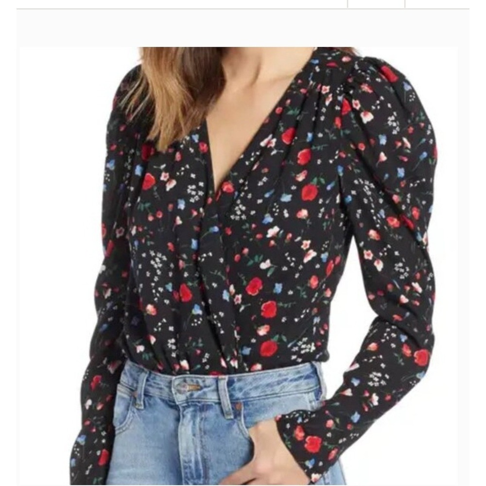 Row A Floral Surplice Bodysuit Large Black Red Blue Long Sleeve Puff Shoulder